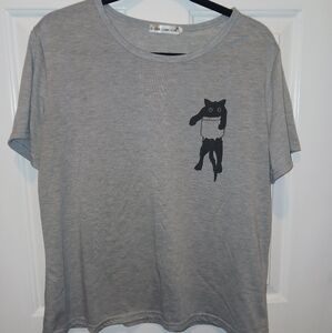Gray T-Shirt with Black Cat Graphic